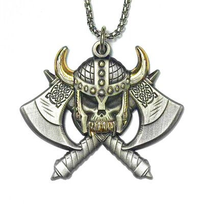 Viking Skull and Double Celtic Hatchets Gold and Sterling Silver Necklace Jewelry with Chain