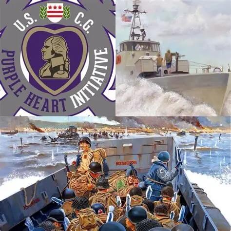 Purple Heart medal beside Coast Guard emblem, U.S. Coast Guard members honoring veterans, Coast Guard challenge coin collection, Semper Paratus apparel, Coast Guard veterans memorial, Born Ready Apparel Coast Guard merchandise,