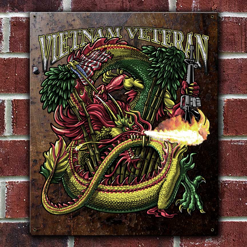 Vietnam Veteran Dragon Ribbon and M-16 Custom 12 x 15 Inch Vintage Sign